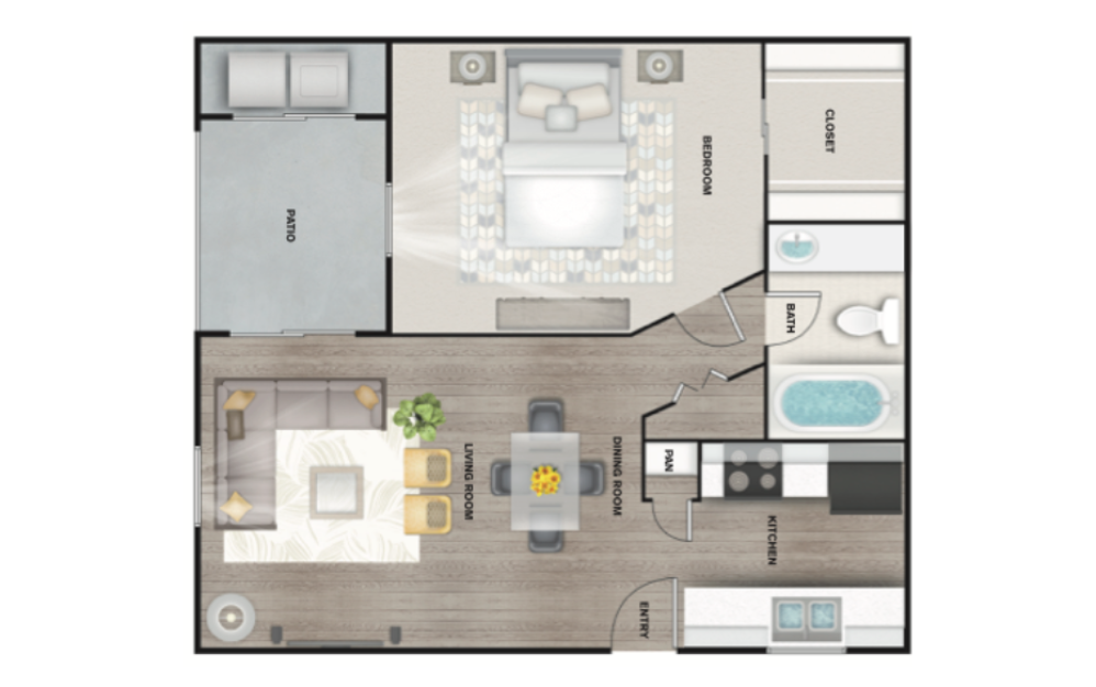 A1 - 1 bedroom floorplan layout with 1 bathroom and 650 square feet (3D)