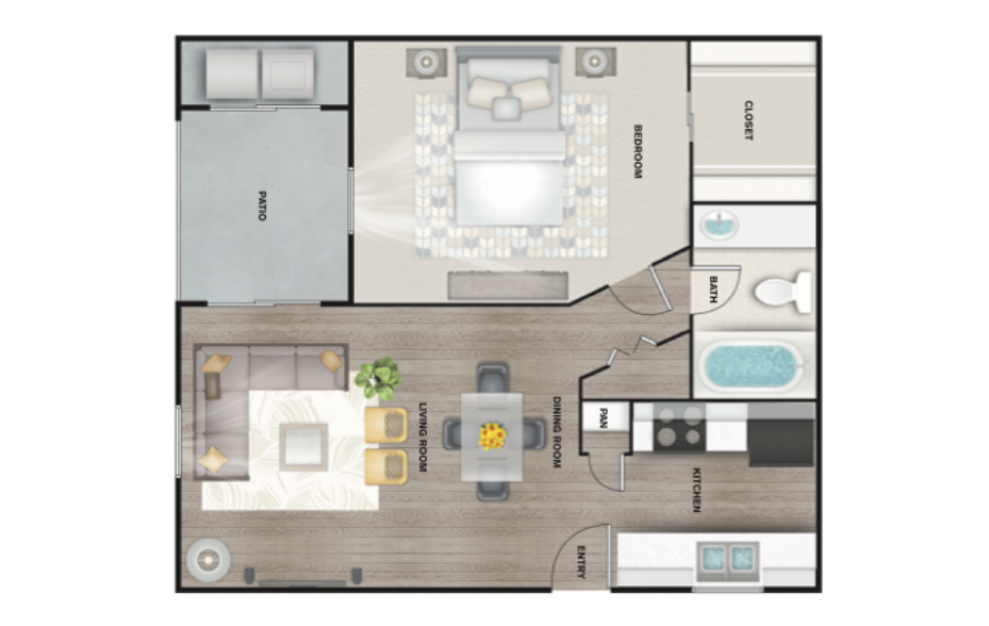 A1 - 1 bedroom floorplan layout with 1 bath and 650 square feet. (3D)