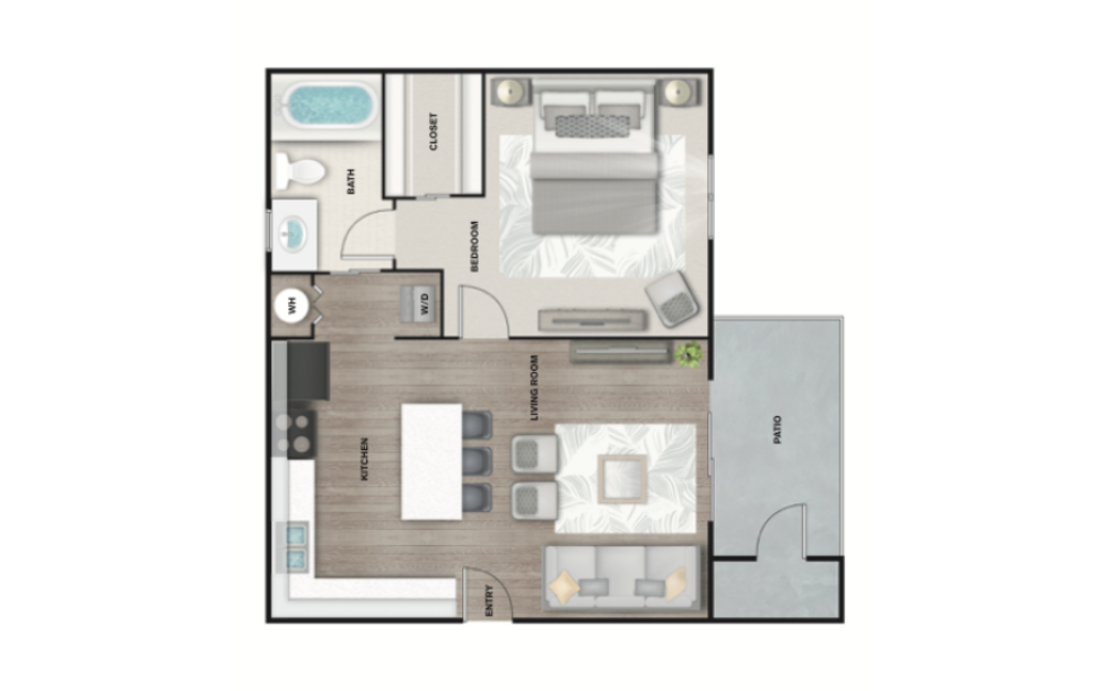 A2 - 1 bedroom floorplan layout with 1 bathroom and 700 square feet (3D)