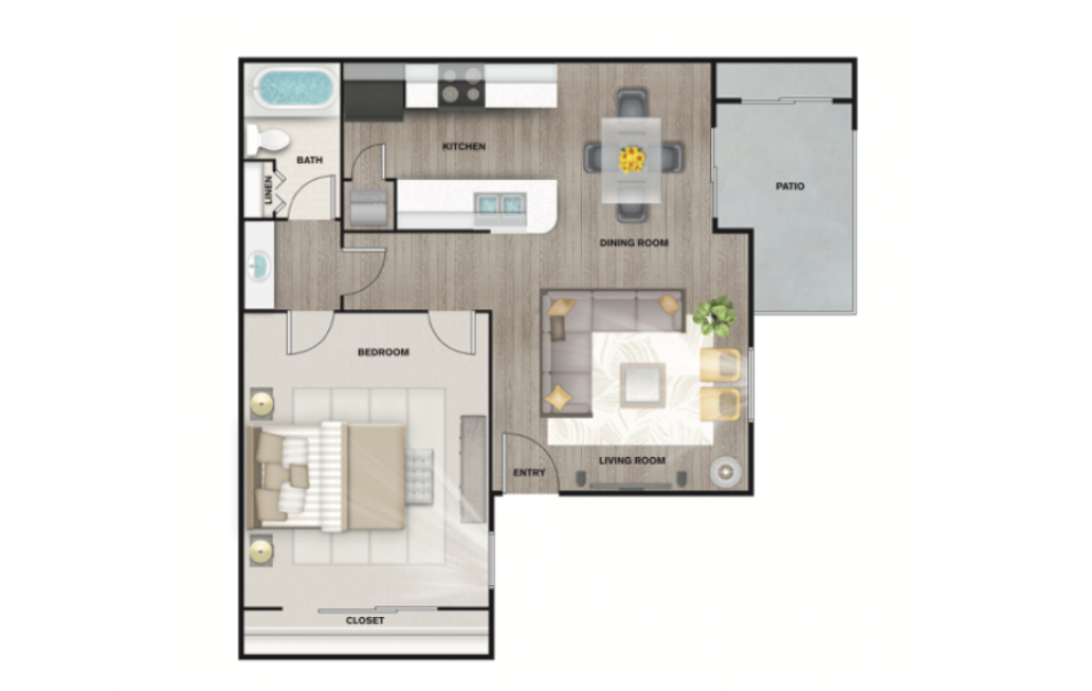 A3 - 1 bedroom floorplan layout with 1 bath and 700 square feet. (3D)