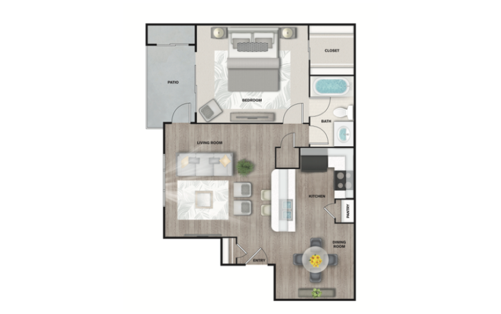 A4 - 1 bedroom floorplan layout with 1 bathroom and 750 square feet (3D)