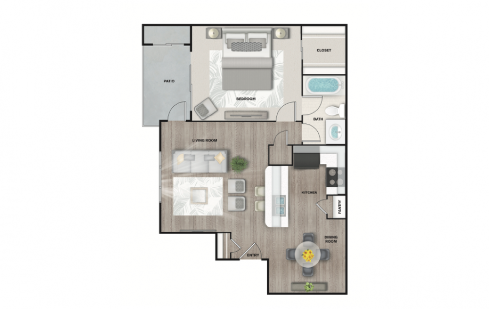 A4 - 1 bedroom floorplan layout with 1 bath and 750 square feet. (3D)