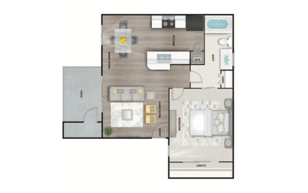 A5 - 1 bedroom floorplan layout with 1 bathroom and 750 square feet (3D)