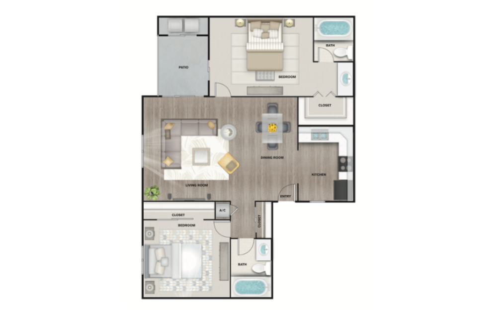 B1 - 2 bedroom floorplan layout with 2 bathrooms and 1000 square feet (3D)