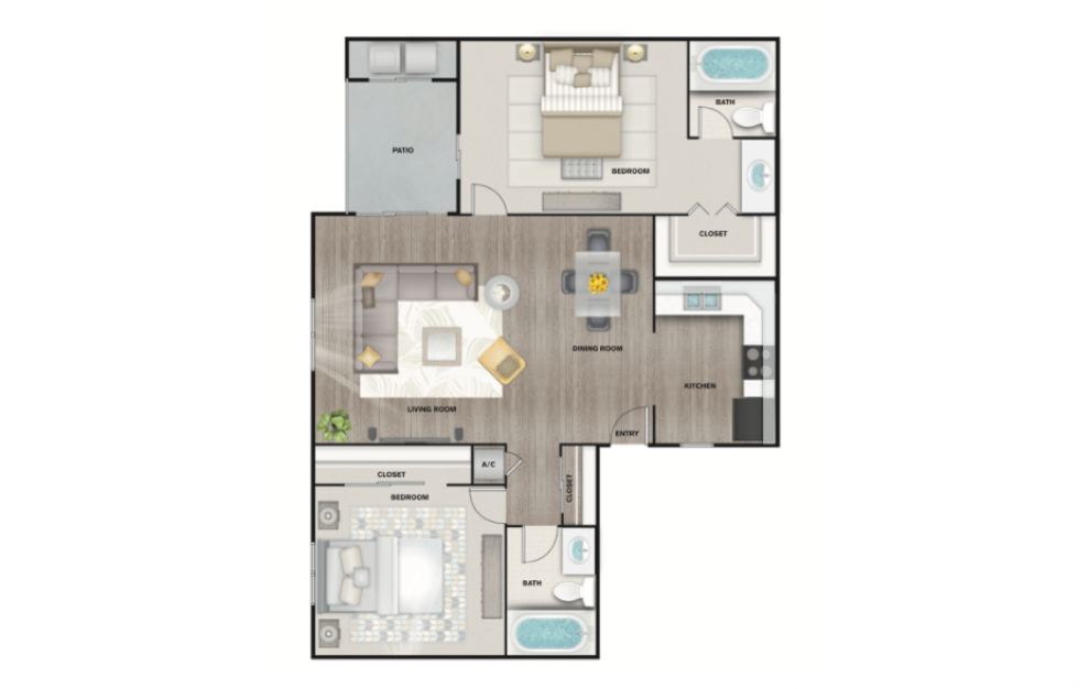 B1 - 2 bedroom floorplan layout with 2 baths and 1000 square feet. (3D)