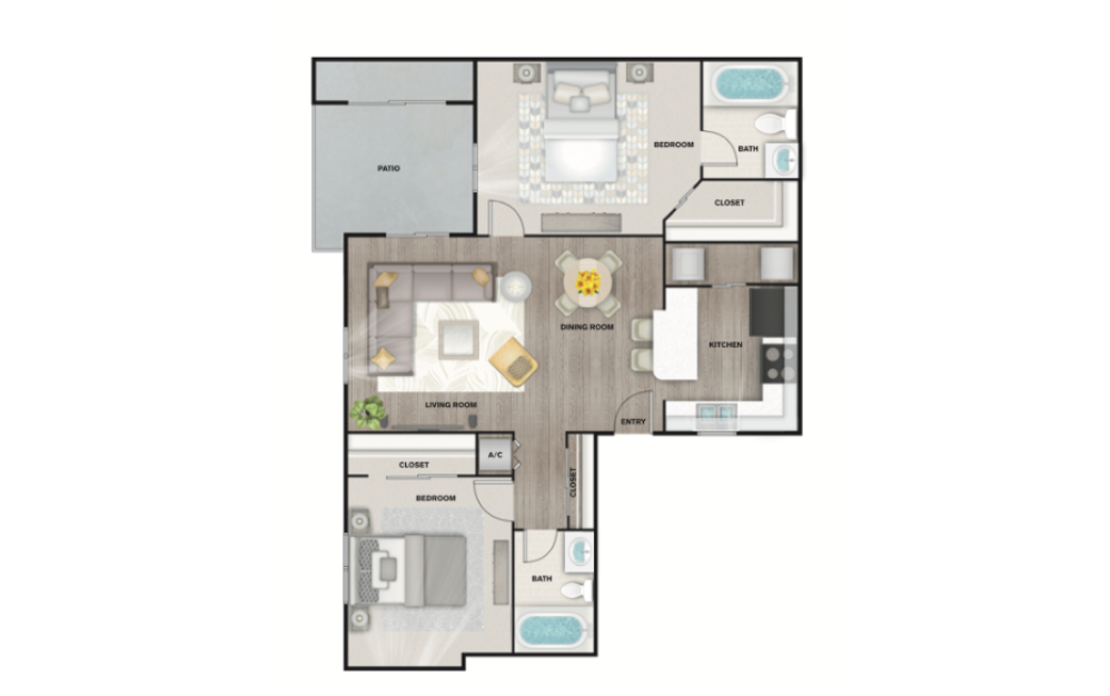 B2 - 2 bedroom floorplan layout with 2 bathrooms and 1000 - 1100 square feet (3D)