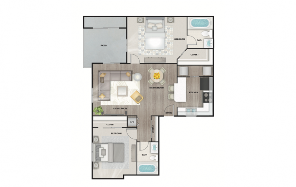 B2 - 2 bedroom floorplan layout with 2 baths and 1000 to 1100 square feet. (3D)