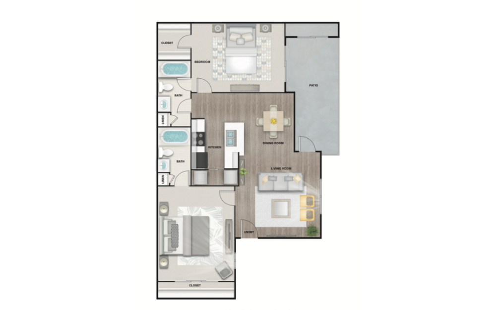 B3 - 2 bedroom floorplan layout with 2 bathrooms and 1100 square feet (3D)