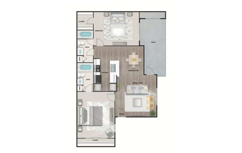 B3 - 2 bedroom floorplan layout with 2 baths and 1100 square feet. (3D)