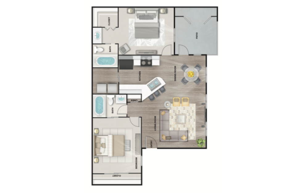 B4 - 2 bedroom floorplan layout with 2 bathrooms and 1100 - 1150 square feet (3D)