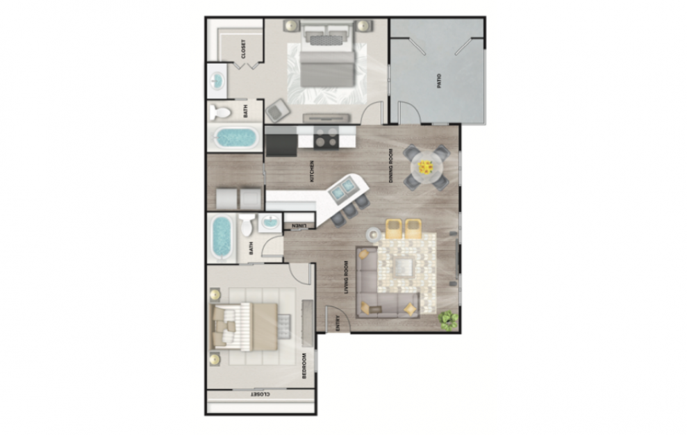 B4 - 2 bedroom floorplan layout with 2 baths and 1100 to 1150 square feet. (3D)