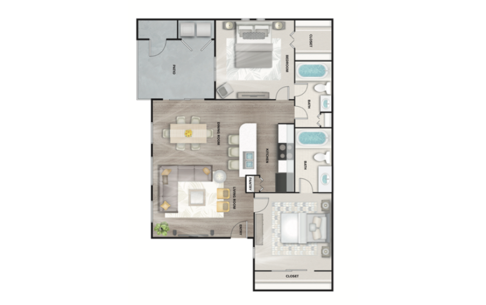 B5 - 2 bedroom floorplan layout with 2 bathrooms and 1150 square feet (3D)