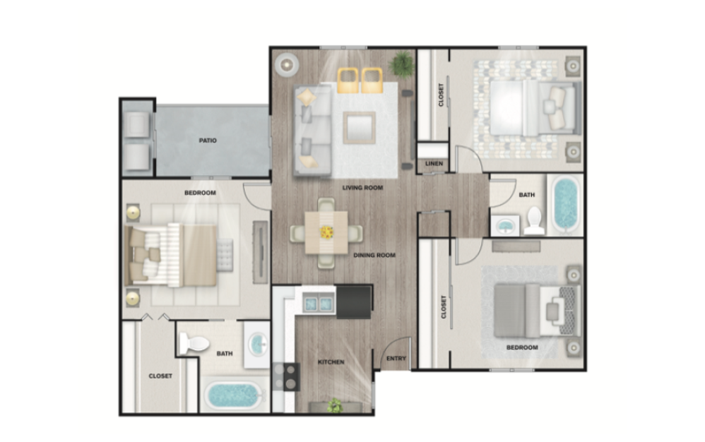 C1 - 3 bedroom floorplan layout with 2 bathrooms and 1300 square feet (3D)