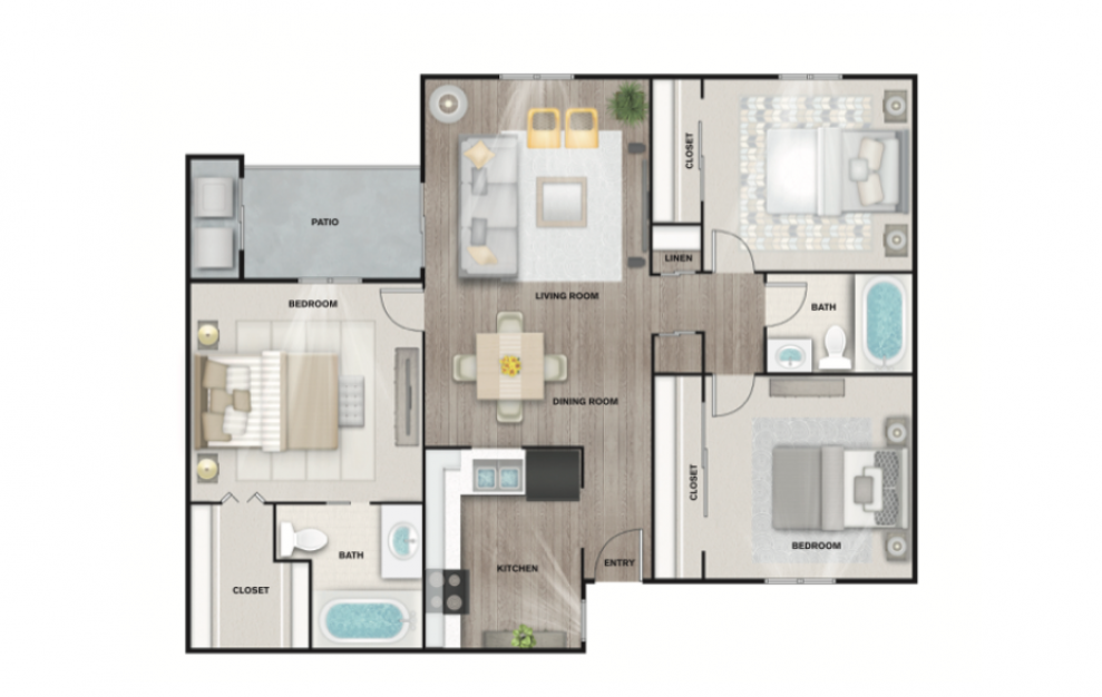 C1 - 3 bedroom floorplan layout with 2 baths and 1300 square feet. (3D)